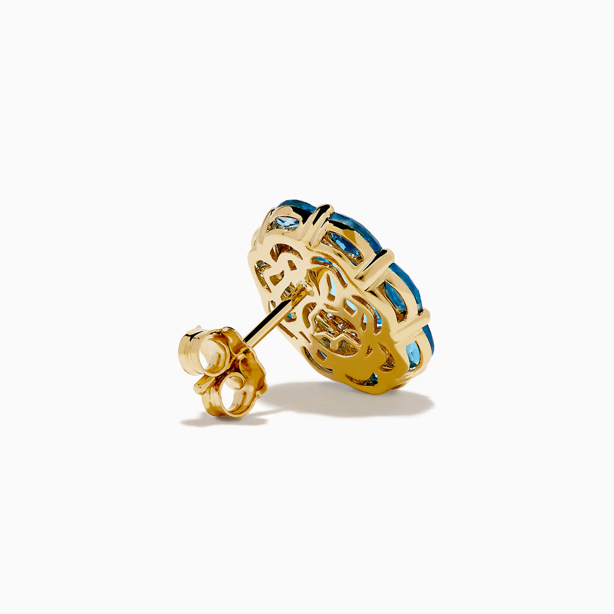 The Ocean Bleu 14K Yellow Gold Blue Topaz and Diamond Earrings showcase an oval blue topaz center, accented by smaller blue stones and sparkling diamonds, set in yellow gold and presented against a white background.