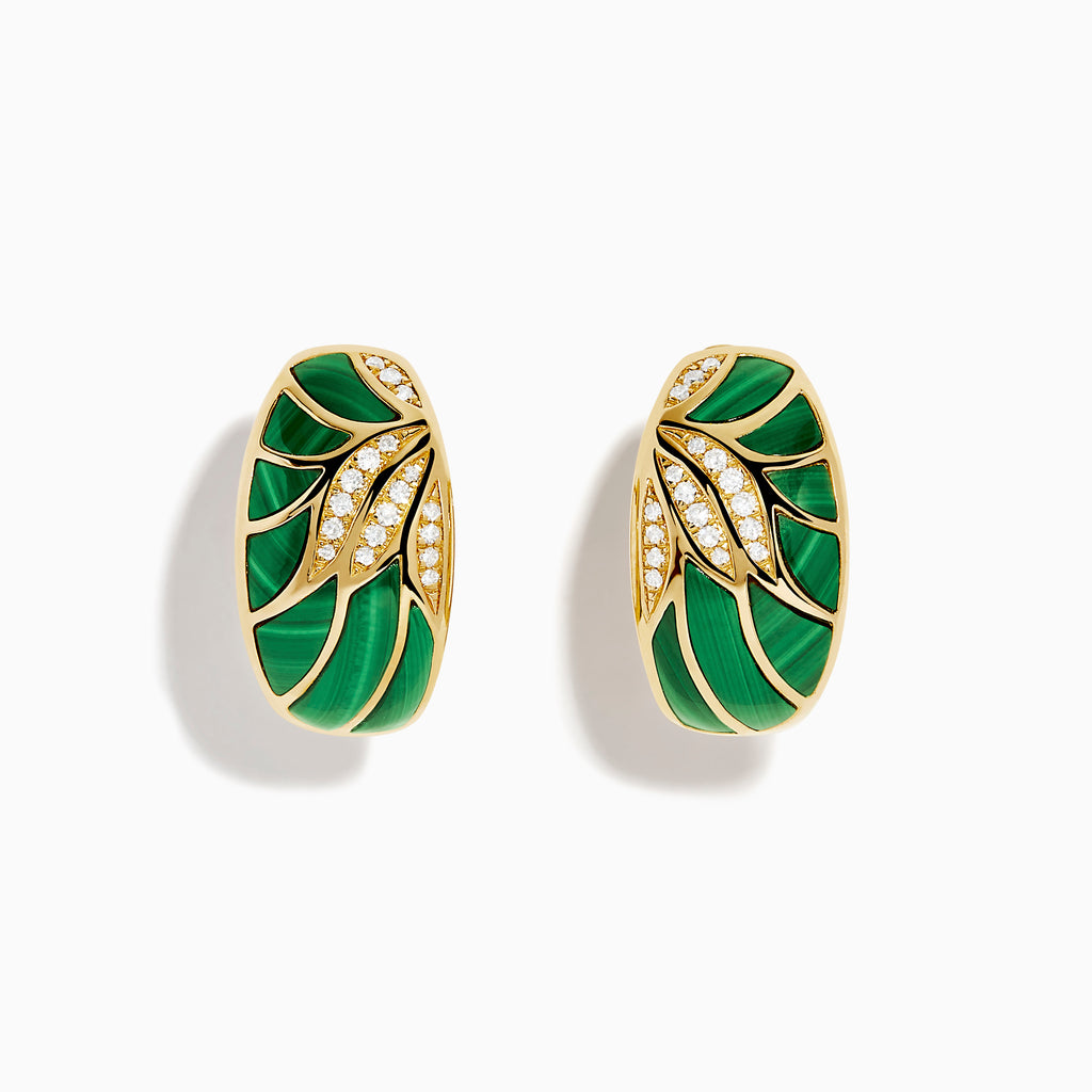 The 14K Yellow Gold Malachite and Diamond Inlay Hoops feature a leaf pattern with green enamel accents and sparkling white stones along the veins, showcased on a white background.