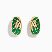 The 14K Yellow Gold Malachite and Diamond Inlay Hoops feature a leaf pattern with green enamel accents and sparkling white stones along the veins, showcased on a white background.