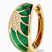 The 14K Yellow Gold Malachite and Diamond Inlay Hoops feature a leaf pattern with green enamel accents and sparkling white stones along the veins, showcased on a white background.