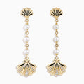 The 14K Yellow Gold Freshwater Pearl and Diamond Drop Seashell Earrings feature shell designs, diamond accents, and four round freshwater pearls linked by a chain.
