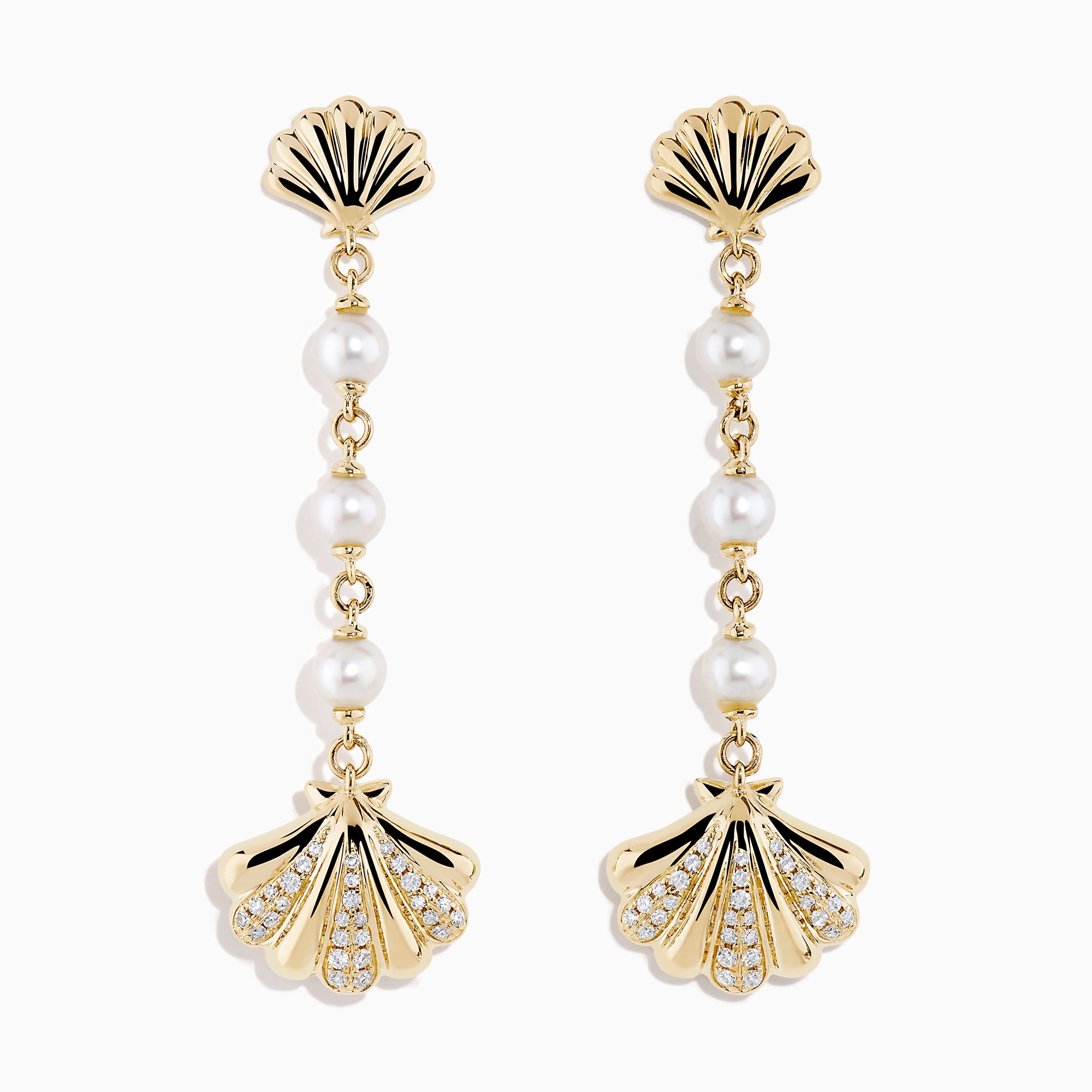 The 14K Yellow Gold Freshwater Pearl and Diamond Drop Seashell Earrings feature shell designs, diamond accents, and four round freshwater pearls linked by a chain.
