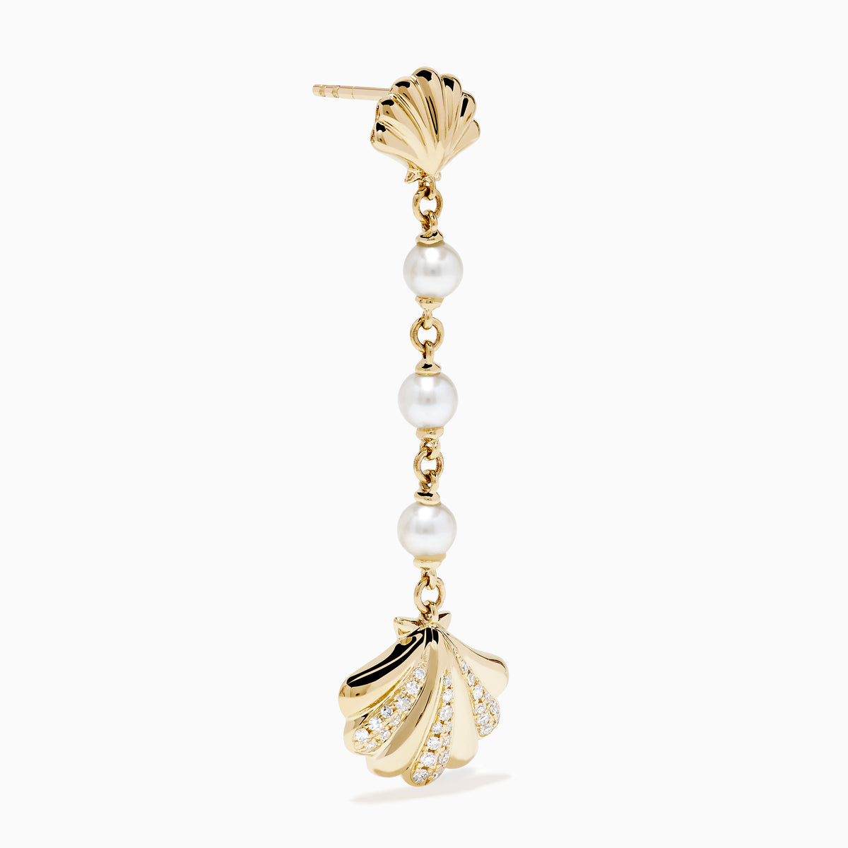 The 14K Yellow Gold Freshwater Pearl and Diamond Drop Seashell Earrings feature shell designs, diamond accents, and four round freshwater pearls linked by a chain.