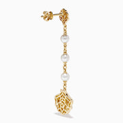 The 14K Yellow Gold Freshwater Pearl and Diamond Drop Seashell Earrings feature shell designs, diamond accents, and four round freshwater pearls linked by a chain.