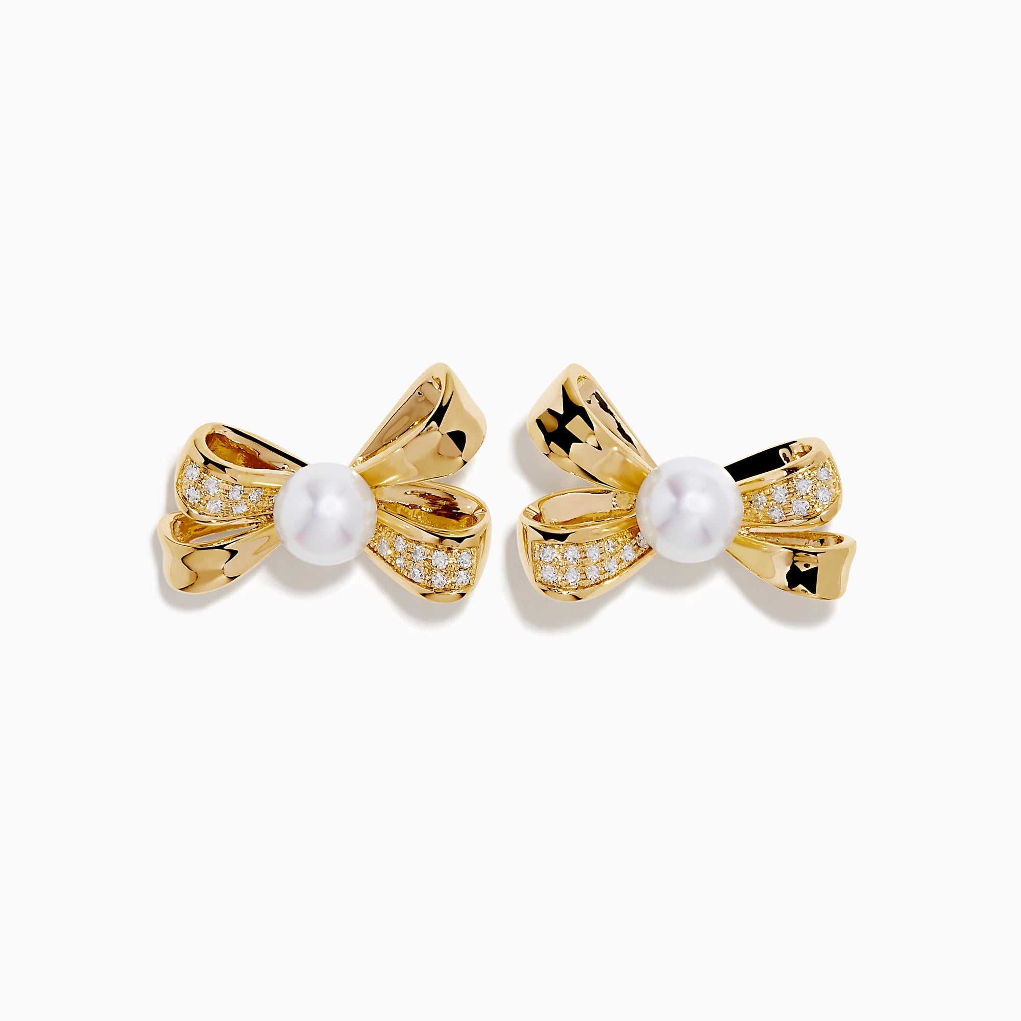 14K Yellow Gold Pearl and Diamond Bow Stud Earrings