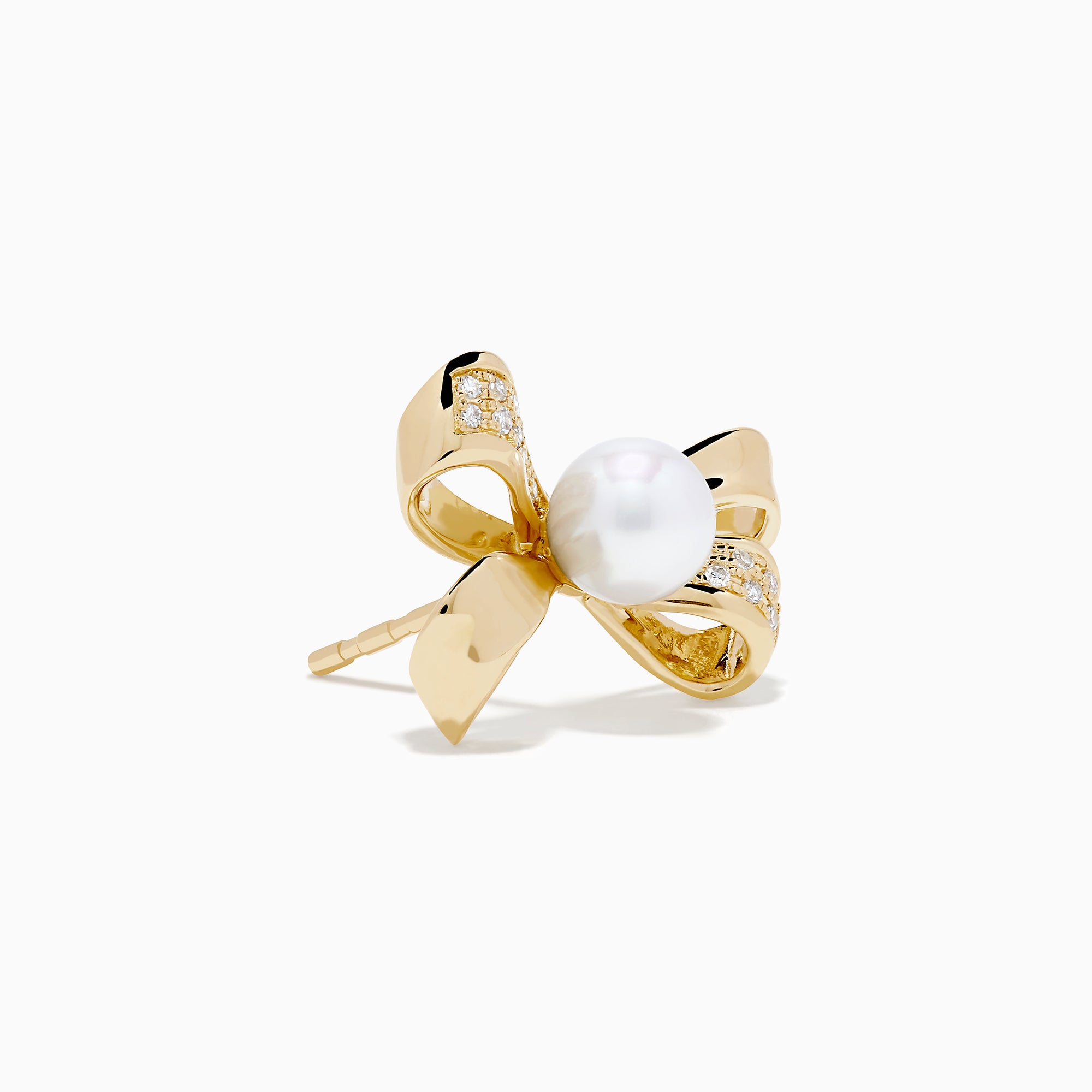 14K Yellow Gold Pearl and Diamond Bow Stud Earrings