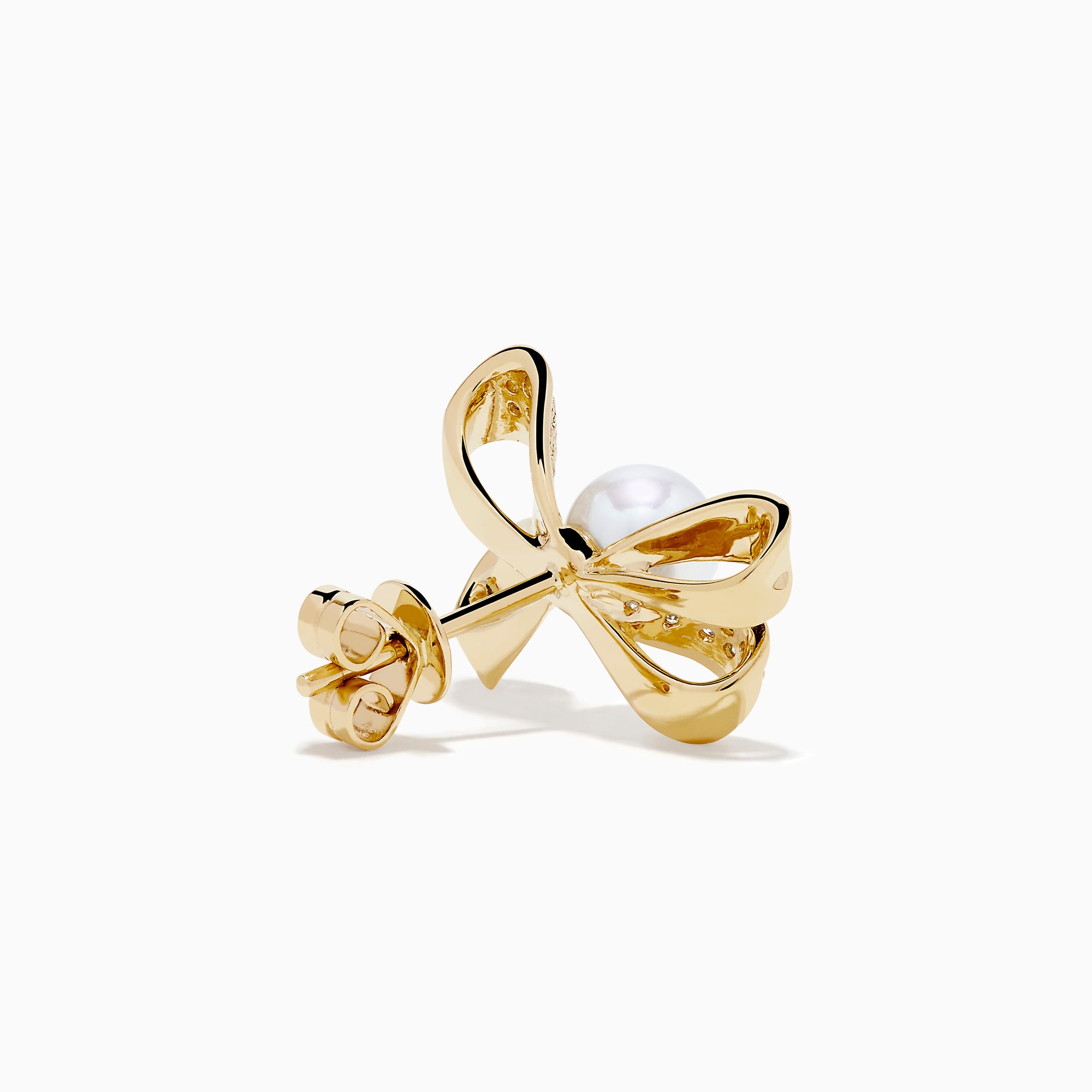 14K Yellow Gold Pearl and Diamond Bow Stud Earrings