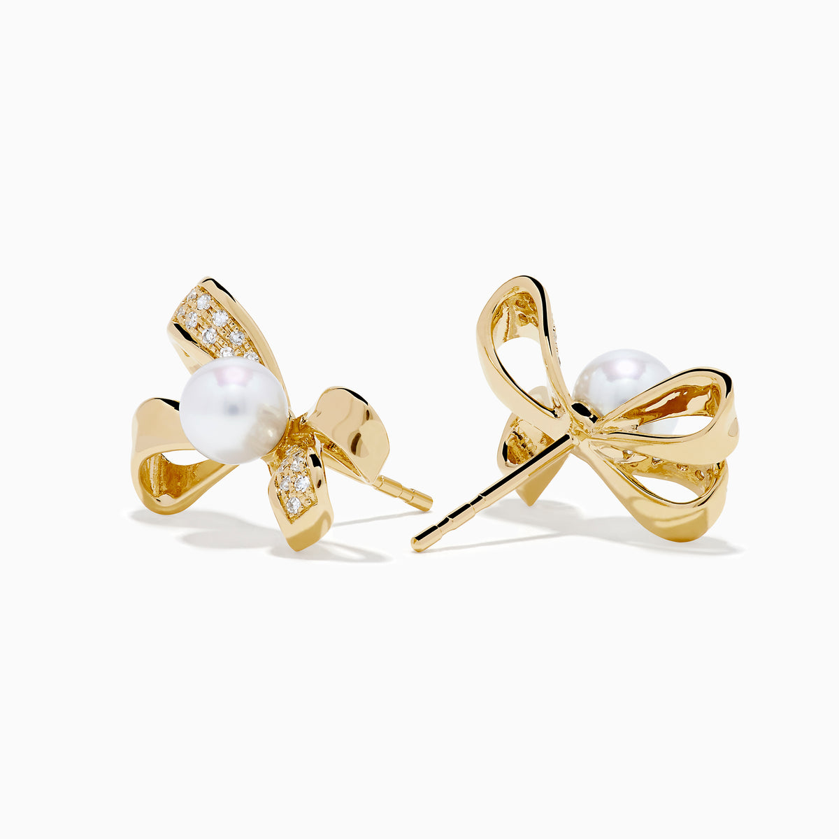 14K Yellow Gold Pearl and Diamond Bow Stud Earrings