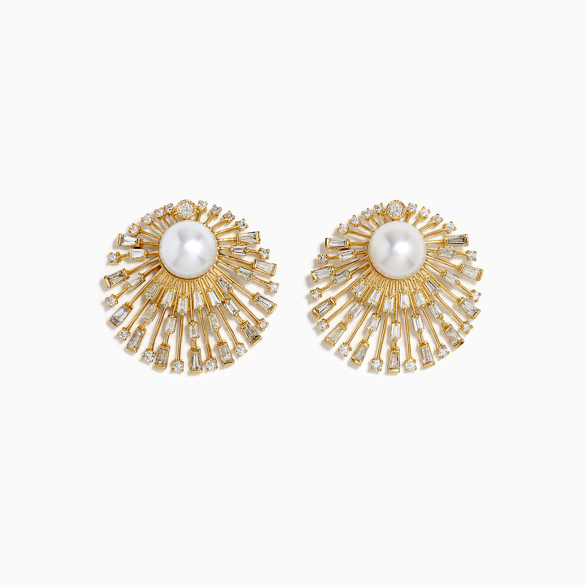 The 14K Yellow Gold Diamond and Pearl Sunburst Stud Earrings feature a large central pearl accented by radiating spokes adorned with clear, rectangular, and round gemstones in a striking sunburst design.