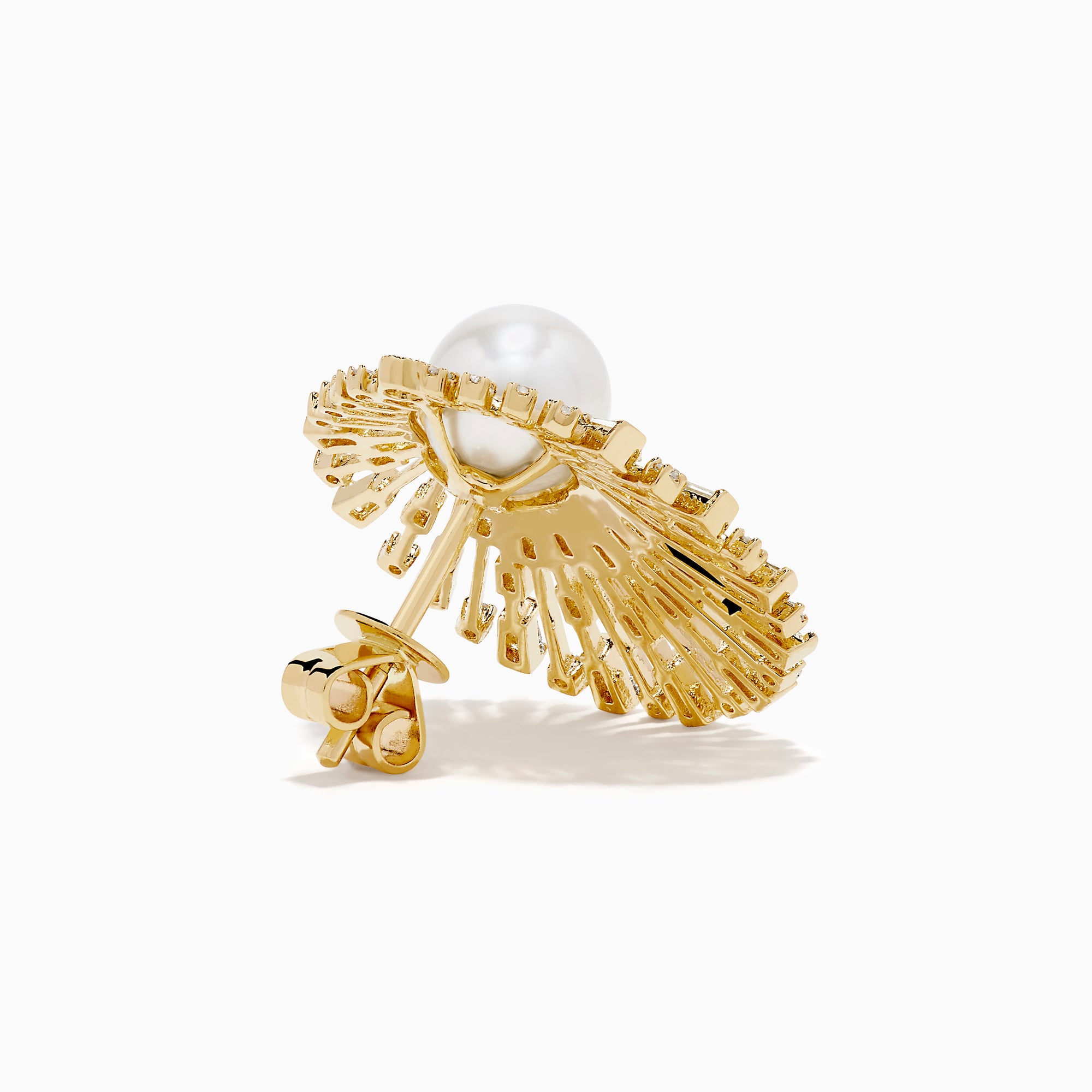 The 14K Yellow Gold Diamond and Pearl Sunburst Stud Earrings feature a large central pearl accented by radiating spokes adorned with clear, rectangular, and round gemstones in a striking sunburst design.