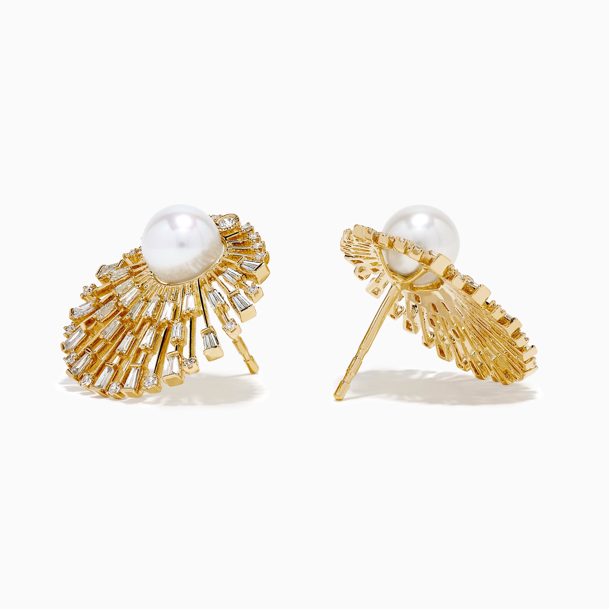 The 14K Yellow Gold Diamond and Pearl Sunburst Stud Earrings feature a large central pearl accented by radiating spokes adorned with clear, rectangular, and round gemstones in a striking sunburst design.