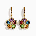 The 14K Yellow Gold Multi Gemstone and Diamond Flower Drop Earrings feature colorful gemstone petals in purple, red, green, blue, and orange with sparkling diamond accents at the centers and petal edges.