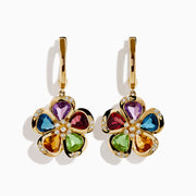 The 14K Yellow Gold Multi Gemstone and Diamond Flower Drop Earrings feature colorful gemstone petals in purple, red, green, blue, and orange with sparkling diamond accents at the centers and petal edges.