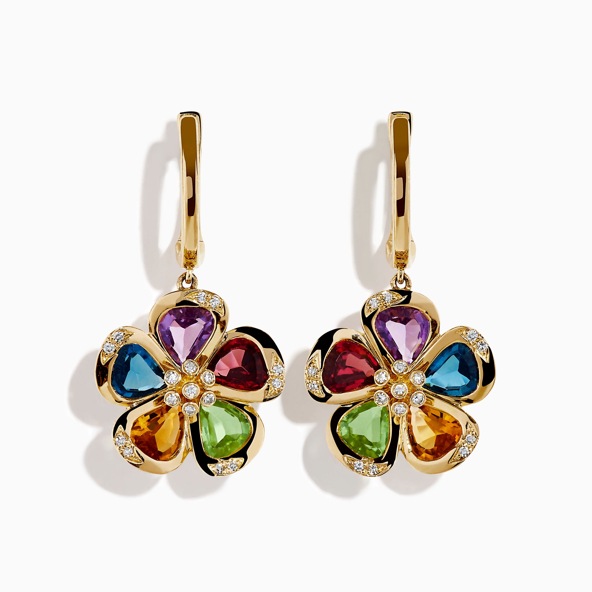The 14K Yellow Gold Multi Gemstone and Diamond Flower Drop Earrings feature colorful gemstone petals in purple, red, green, blue, and orange with sparkling diamond accents at the centers and petal edges.