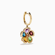 The 14K Yellow Gold Multi Gemstone and Diamond Flower Drop Earrings feature colorful gemstone petals in purple, red, green, blue, and orange with sparkling diamond accents at the centers and petal edges.