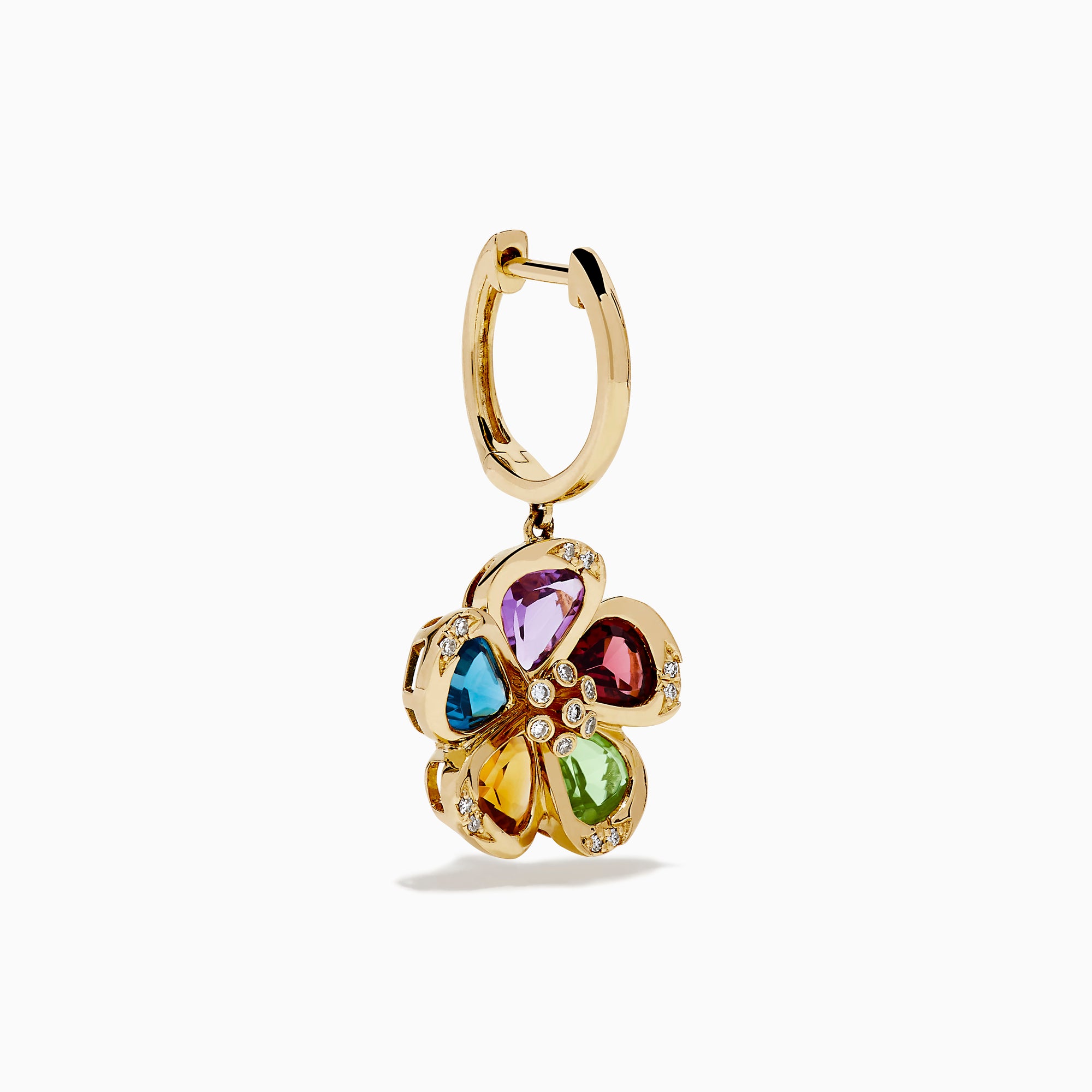 The 14K Yellow Gold Multi Gemstone and Diamond Flower Drop Earrings feature colorful gemstone petals in purple, red, green, blue, and orange with sparkling diamond accents at the centers and petal edges.