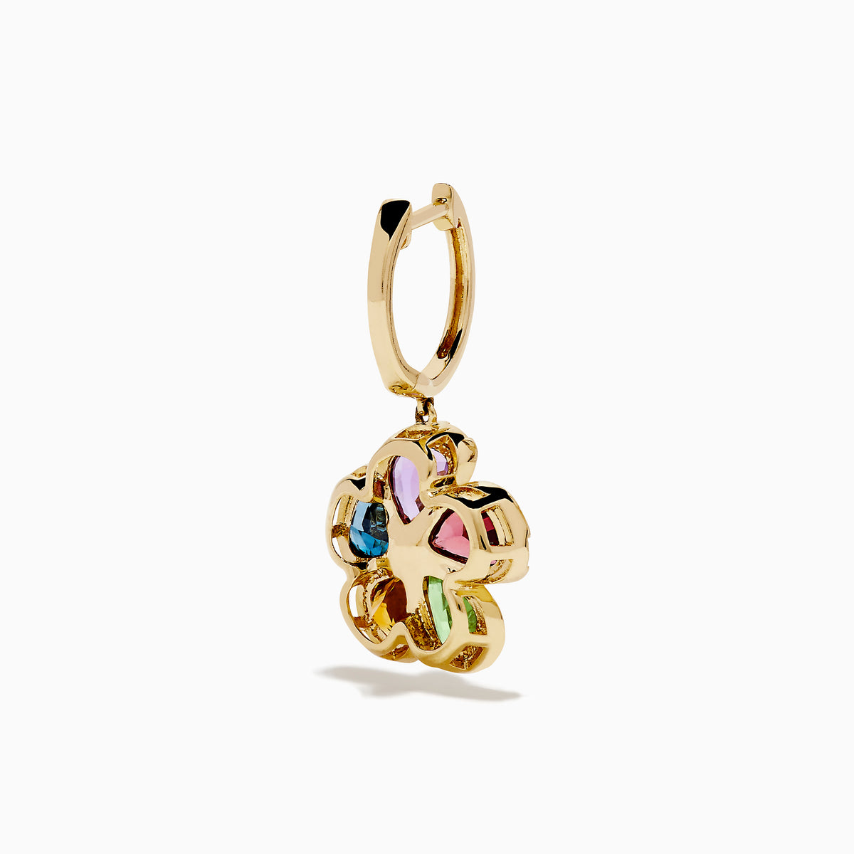 The 14K Yellow Gold Multi Gemstone and Diamond Flower Drop Earrings feature colorful gemstone petals in purple, red, green, blue, and orange with sparkling diamond accents at the centers and petal edges.
