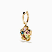 The 14K Yellow Gold Multi Gemstone and Diamond Flower Drop Earrings feature colorful gemstone petals in purple, red, green, blue, and orange with sparkling diamond accents at the centers and petal edges.