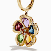 The 14K Yellow Gold Multi Gemstone and Diamond Flower Drop Earrings feature colorful gemstone petals in purple, red, green, blue, and orange with sparkling diamond accents at the centers and petal edges.