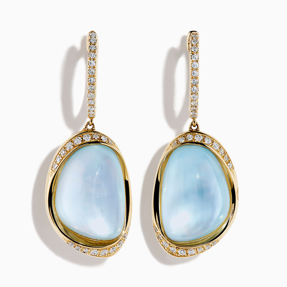 These 14K yellow gold drop earrings feature sky blue topaz and mother of pearl doublets, accented with diamond-studded hooks for a sparkling finish.