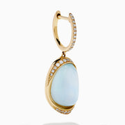 These 14K yellow gold drop earrings feature sky blue topaz and mother of pearl doublets, accented with diamond-studded hooks for a sparkling finish.