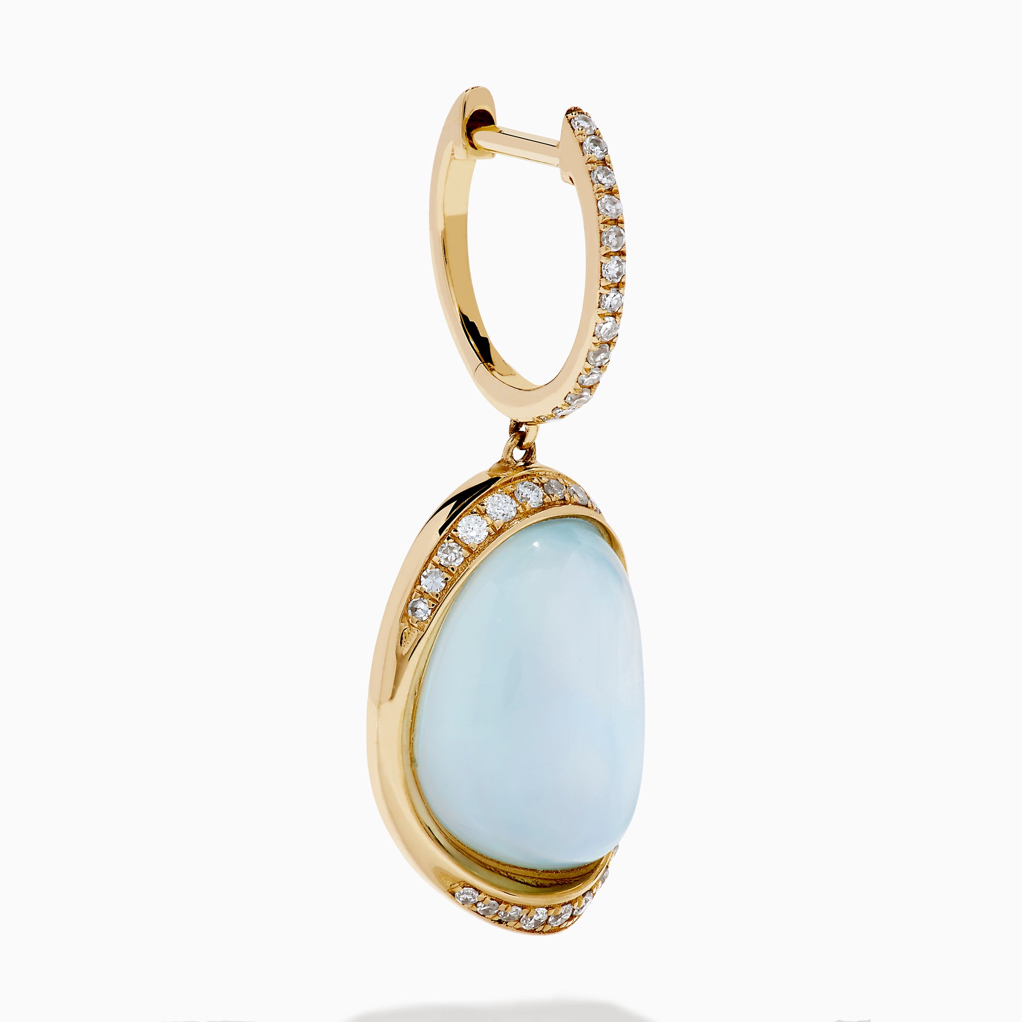 These 14K yellow gold drop earrings feature sky blue topaz and mother of pearl doublets, accented with diamond-studded hooks for a sparkling finish.