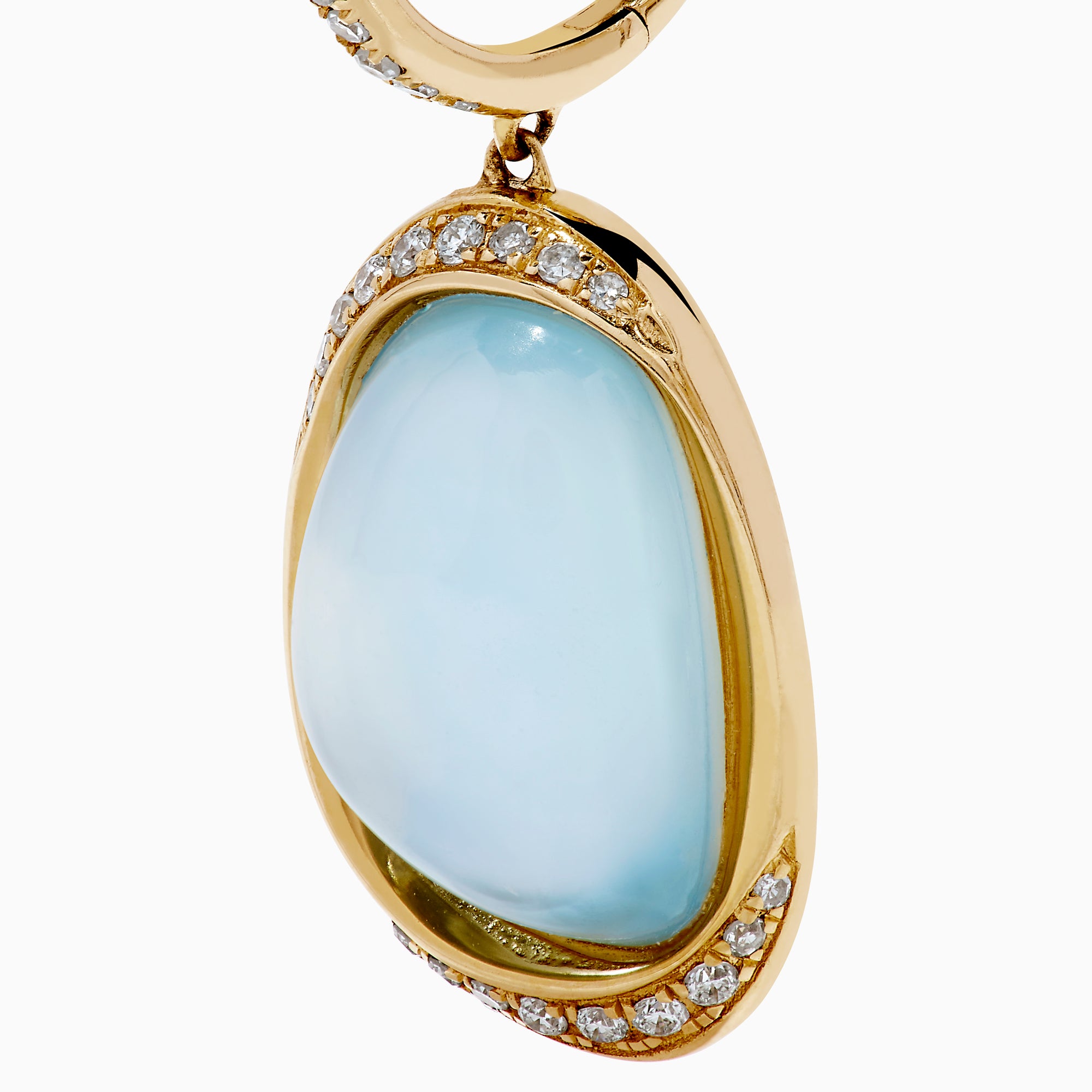 These 14K yellow gold drop earrings feature sky blue topaz and mother of pearl doublets, accented with diamond-studded hooks for a sparkling finish.
