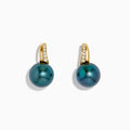 The 14K Yellow Gold Tahitian Pearl and Diamond Drop Earrings feature blue-green pearls and sparkling diamonds set along curved gold hooks, shown against a white background.