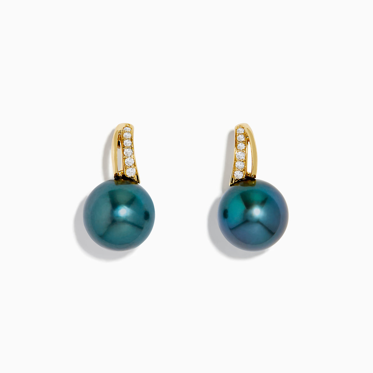 The 14K Yellow Gold Tahitian Pearl and Diamond Drop Earrings feature blue-green pearls and sparkling diamonds set along curved gold hooks, shown against a white background.