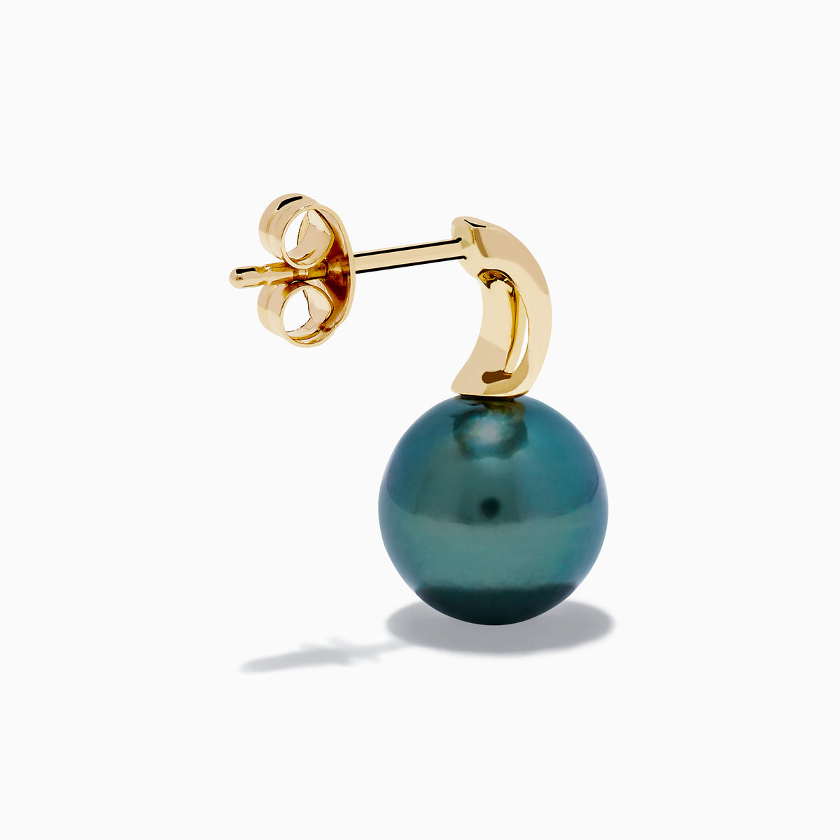 The 14K Yellow Gold Tahitian Pearl and Diamond Drop Earrings feature blue-green pearls and sparkling diamonds set along curved gold hooks, shown against a white background.