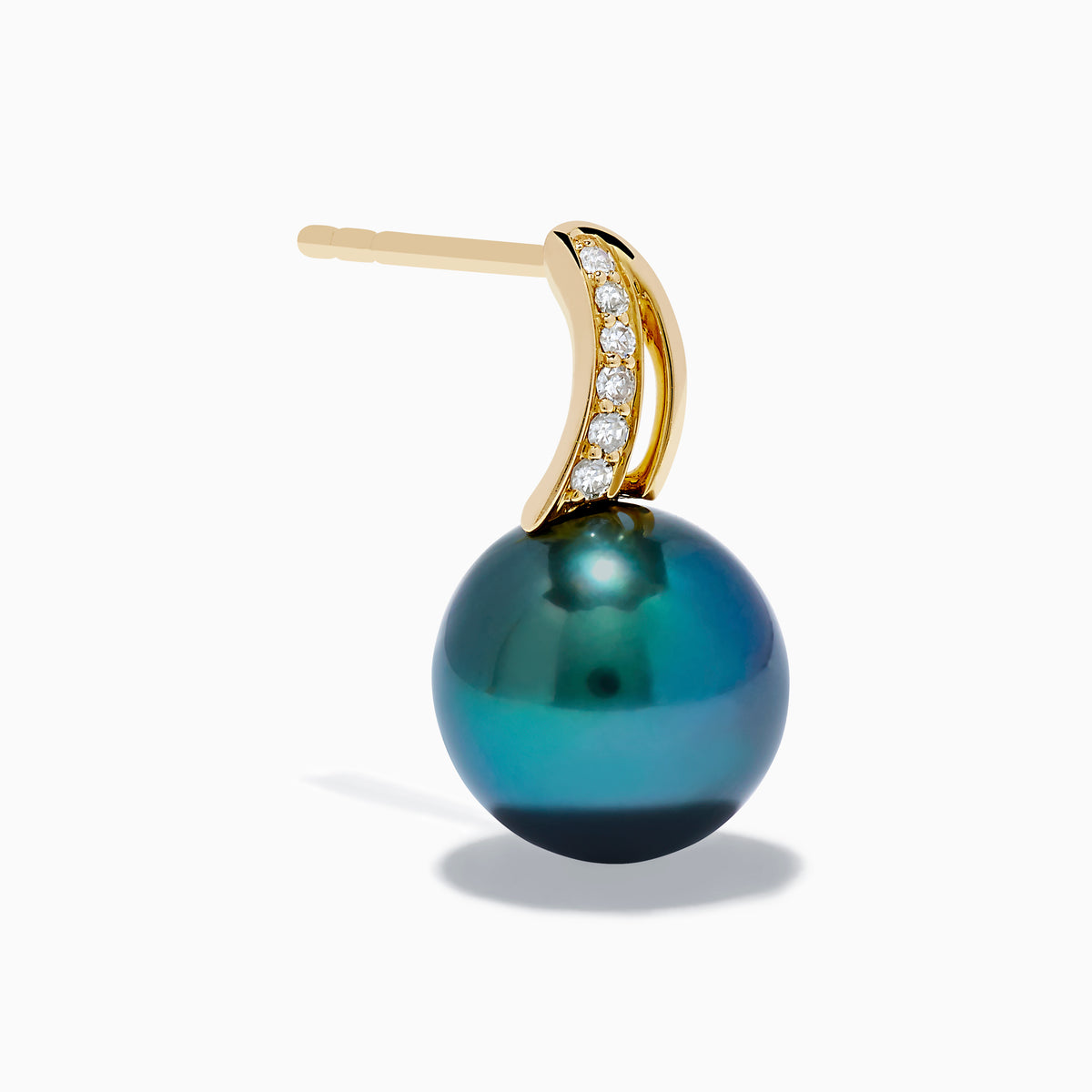 The 14K Yellow Gold Tahitian Pearl and Diamond Drop Earrings feature blue-green pearls and sparkling diamonds set along curved gold hooks, shown against a white background.