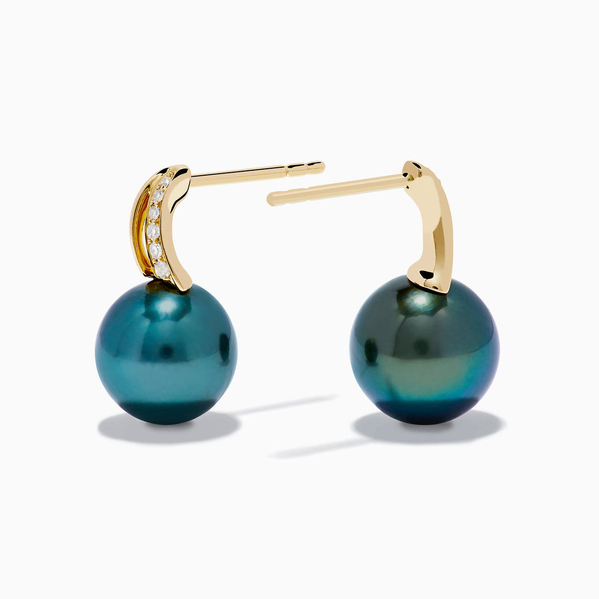 The 14K Yellow Gold Tahitian Pearl and Diamond Drop Earrings feature blue-green pearls and sparkling diamonds set along curved gold hooks, shown against a white background.
