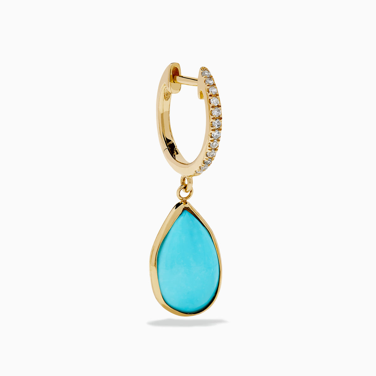 The 14K Yellow Gold Turquoise and Diamond Drop Earrings feature teardrop turquoise stones and sparkling diamonds along the hooks, shown on a white background.
