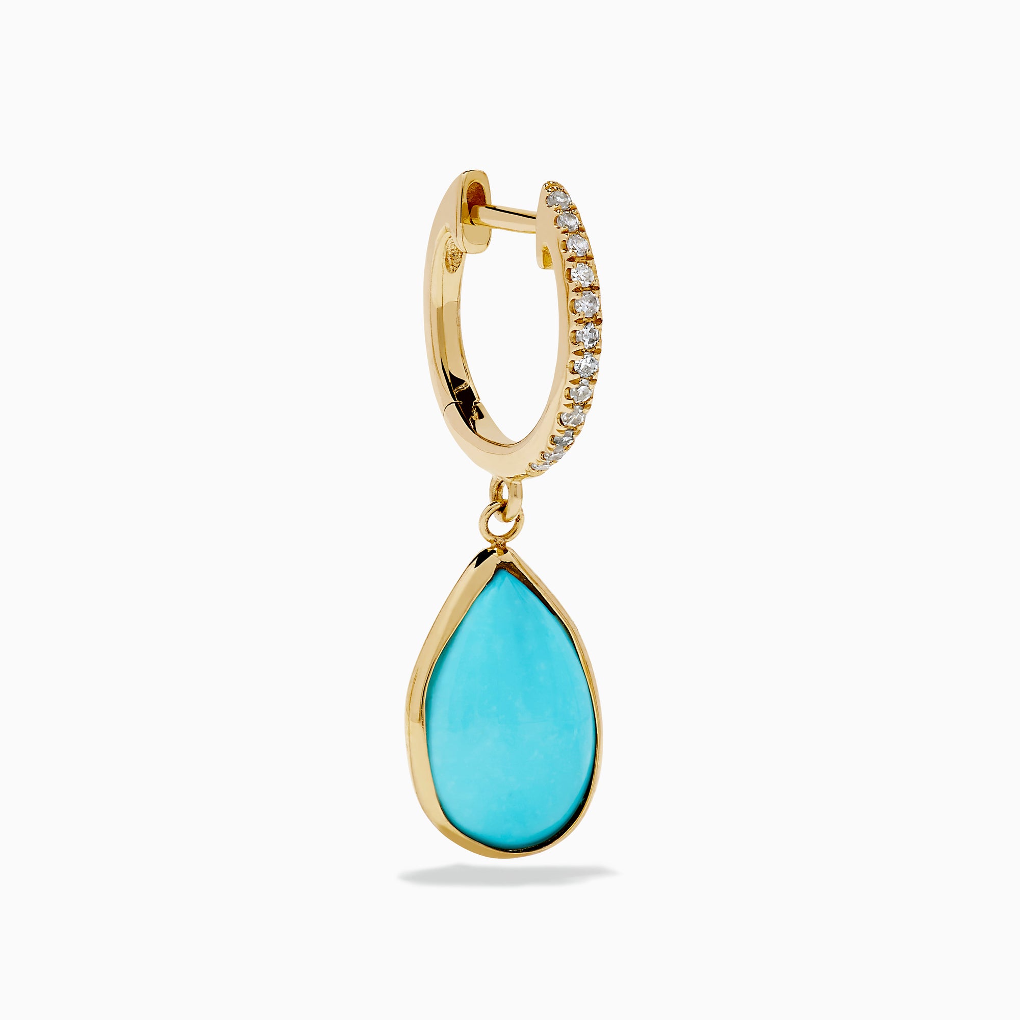 The 14K Yellow Gold Turquoise and Diamond Drop Earrings feature teardrop turquoise stones and sparkling diamonds along the hooks, shown on a white background.
