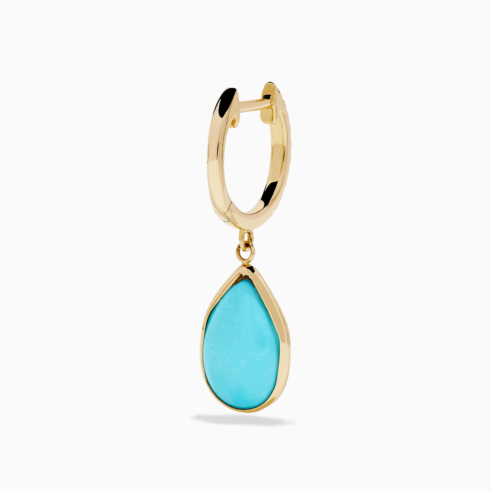 The 14K Yellow Gold Turquoise and Diamond Drop Earrings feature teardrop turquoise stones and sparkling diamonds along the hooks, shown on a white background.
