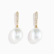 14K Yellow Gold Pearl and Diamond Drop Earrings
