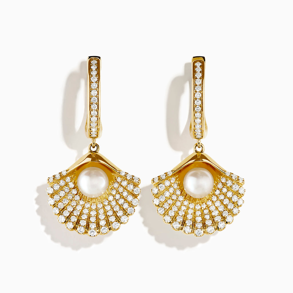 The 14K Yellow Gold Cultured Pearl and Diamond Shell Earrings feature fan-shaped designs with diamond accents and a central cultured pearl, shown against a white background.