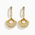 The 14K Yellow Gold Cultured Pearl and Diamond Shell Earrings feature fan-shaped designs with diamond accents and a central cultured pearl, shown against a white background.