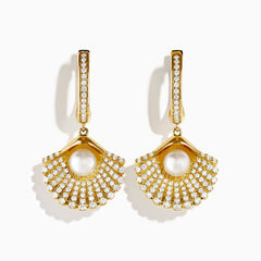 The 14K Yellow Gold Cultured Pearl and Diamond Shell Earrings feature fan-shaped designs with diamond accents and a central cultured pearl, shown against a white background.