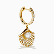 The 14K Yellow Gold Cultured Pearl and Diamond Shell Earrings feature fan-shaped designs with diamond accents and a central cultured pearl, shown against a white background.