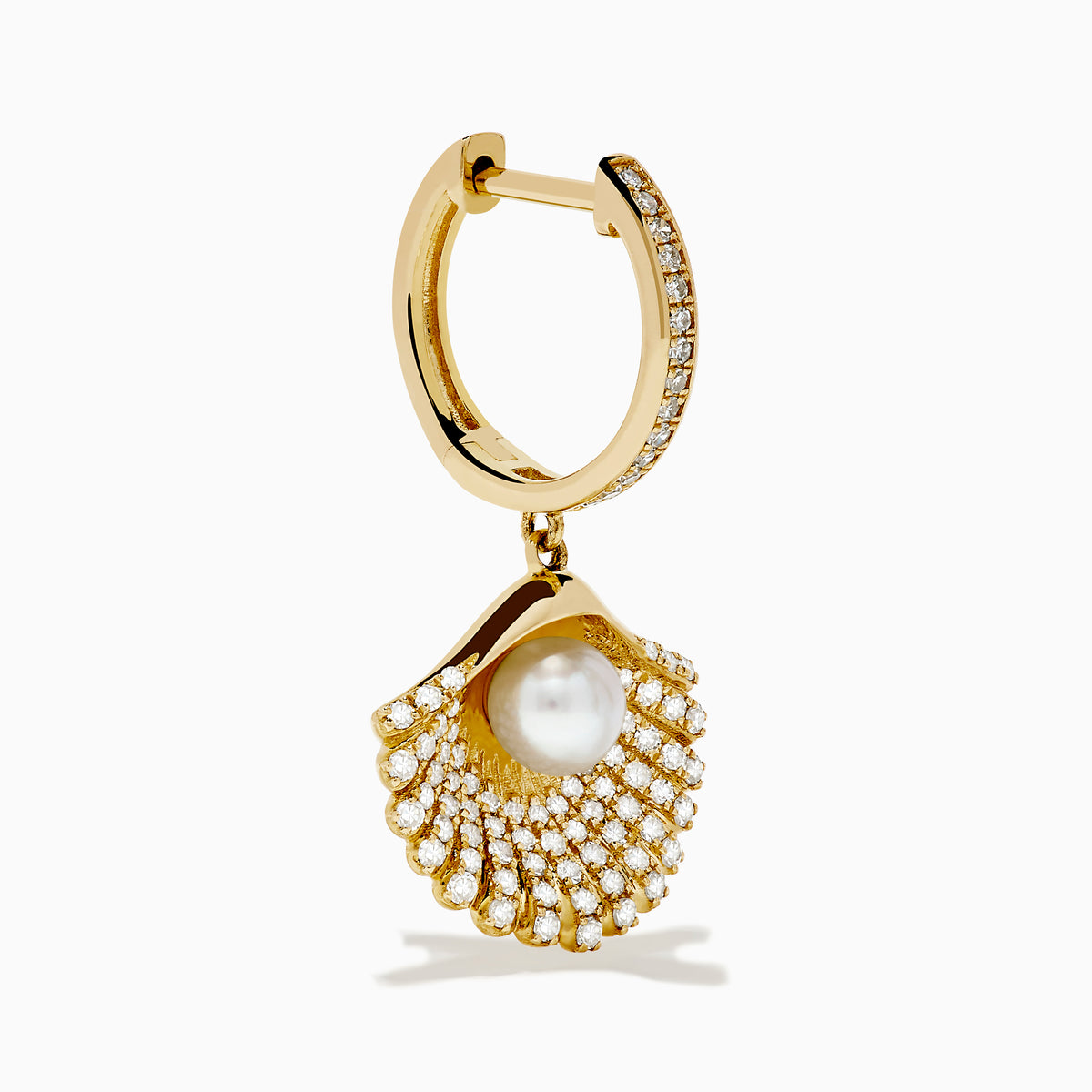 The 14K Yellow Gold Cultured Pearl and Diamond Shell Earrings feature fan-shaped designs with diamond accents and a central cultured pearl, shown against a white background.