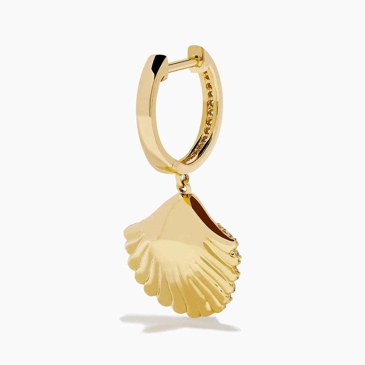 The 14K Yellow Gold Cultured Pearl and Diamond Shell Earrings feature fan-shaped designs with diamond accents and a central cultured pearl, shown against a white background.