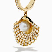 The 14K Yellow Gold Cultured Pearl and Diamond Shell Earrings feature fan-shaped designs with diamond accents and a central cultured pearl, shown against a white background.