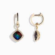 The 14K Yellow Gold Ammolite and Diamond Earrings feature square iridescent gemstones framed by clear crystals and suspended from diamond-studded hooks—an elegant choice for any occasion.