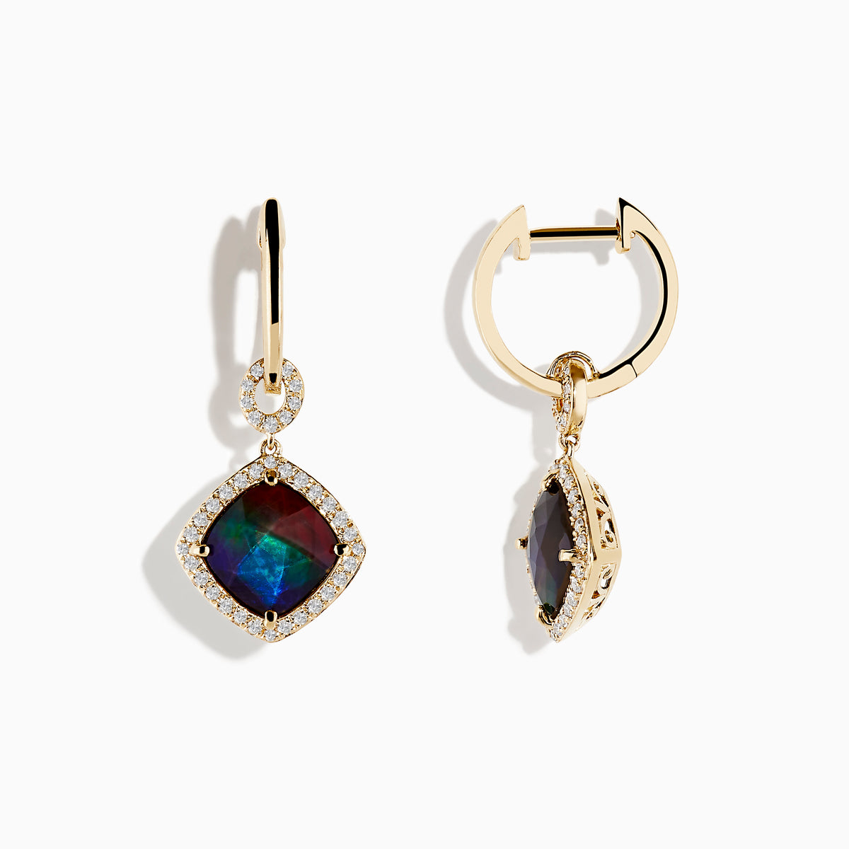 The 14K Yellow Gold Ammolite and Diamond Earrings feature square iridescent gemstones framed by clear crystals and suspended from diamond-studded hooks—an elegant choice for any occasion.