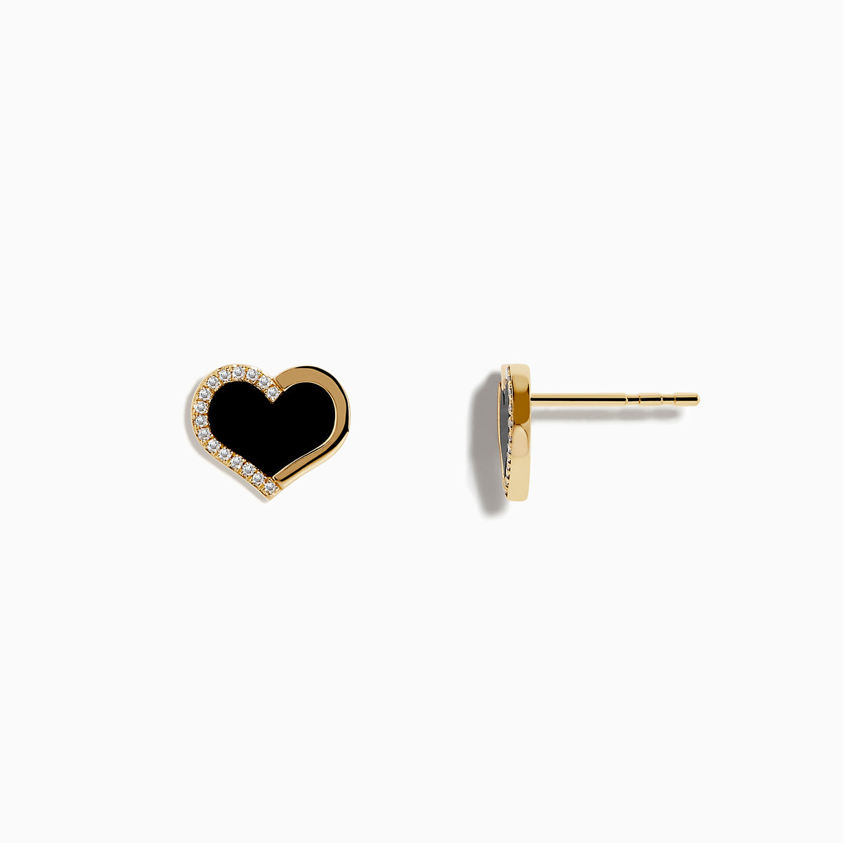 The Eclipse 14K Yellow Gold Onyx and Diamond Heart Earrings feature heart-shaped studs with black onyx centers and a border of sparkling diamonds, displayed on a plain white background.