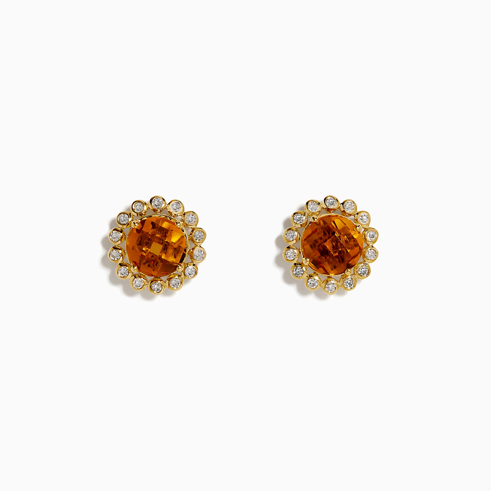The 14K Yellow Gold Citrine and Diamond Halo Stud Earrings feature round orange citrine centers encircled by a halo of sparkling diamonds, all set in yellow gold.