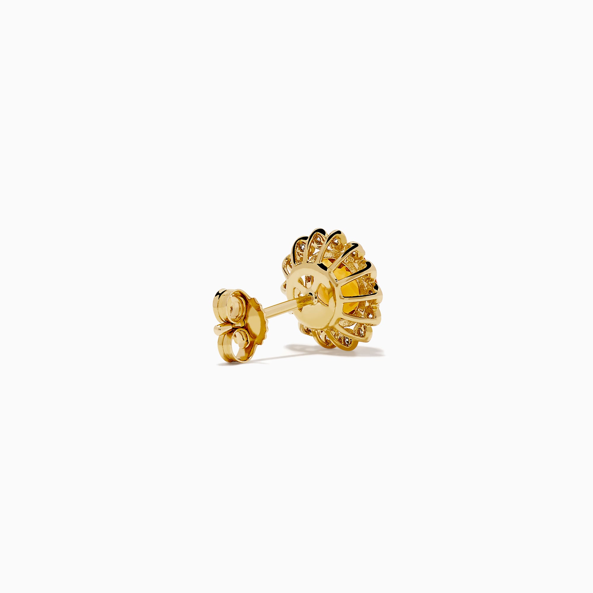The 14K Yellow Gold Citrine and Diamond Halo Stud Earrings feature round orange citrine centers encircled by a halo of sparkling diamonds, all set in yellow gold.