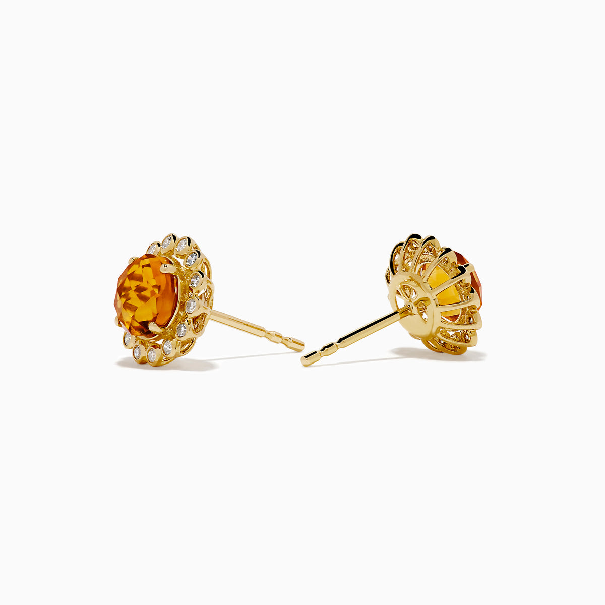 The 14K Yellow Gold Citrine and Diamond Halo Stud Earrings feature round orange citrine centers encircled by a halo of sparkling diamonds, all set in yellow gold.
