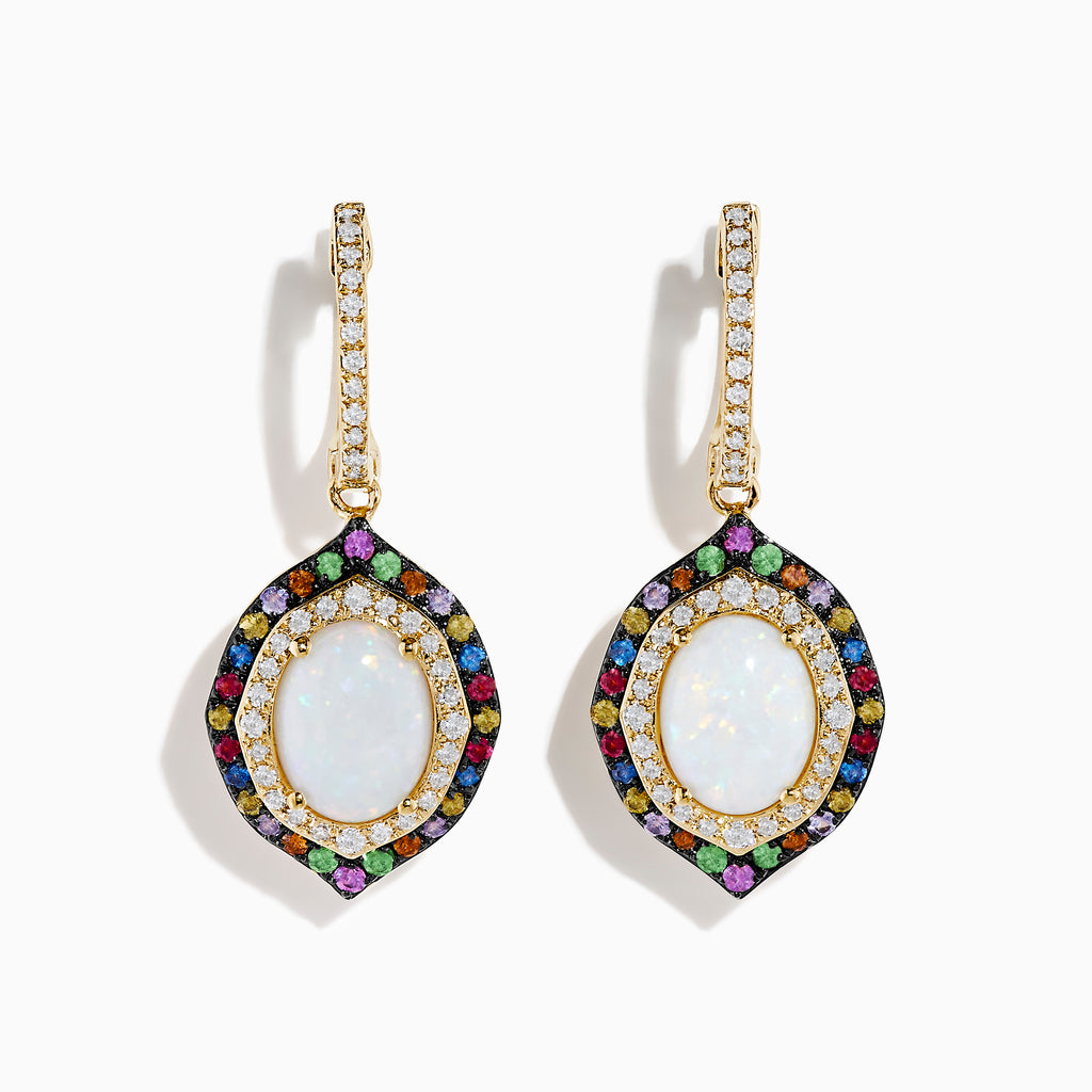 A pair of 14K yellow gold drop earrings featuring opals, pink tourmaline, multicolor sapphires, and diamonds—a stunning statement piece against a white background.